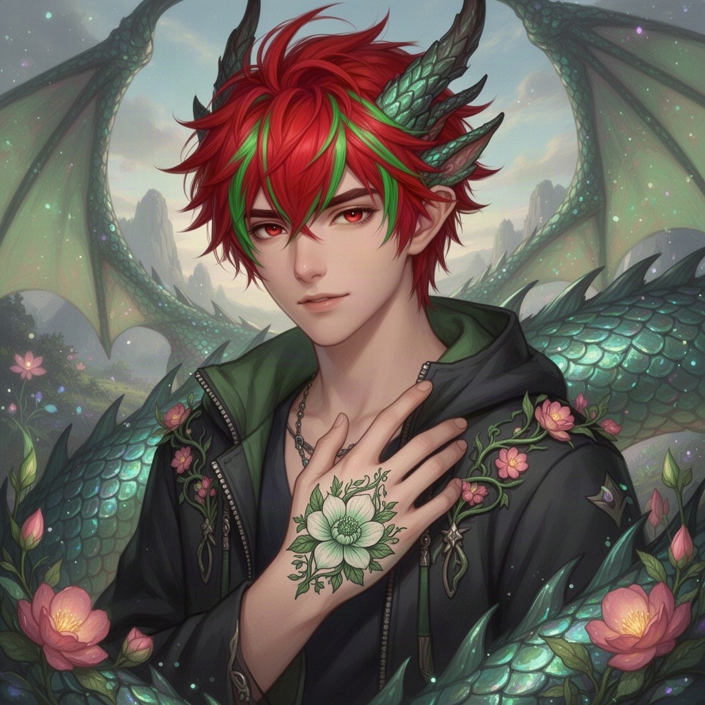 A seventeen-year-old male character with vivid red hair highlighted by striking green streaks, embodying a dragon-like persona