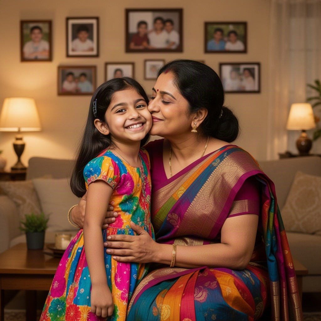 A heartwarming scene of an Indian mother lovingly kissing her daughter on the cheek in a cozy living room