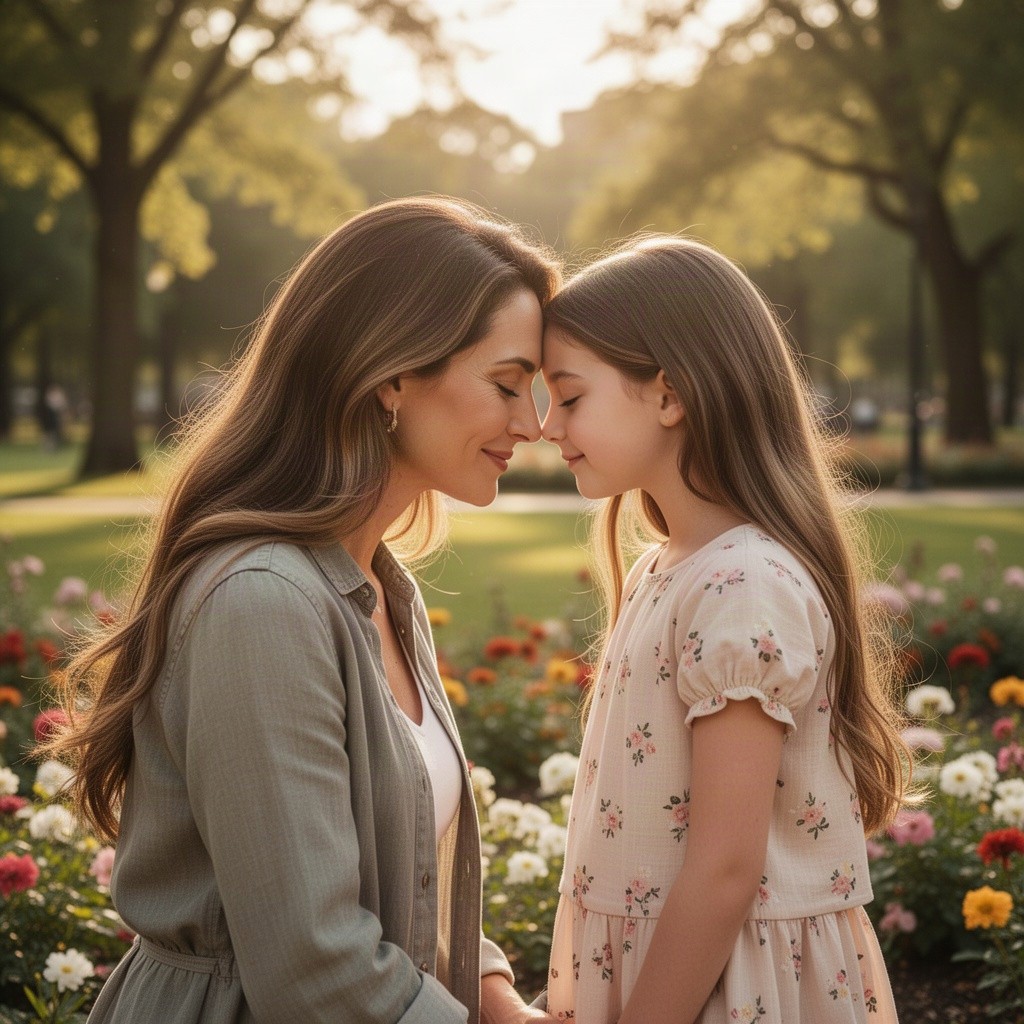 A tender and artistic portrayal of a mother and daughter sharing a loving moment, with their foreheads gently touching and eyes closed in a serene environment