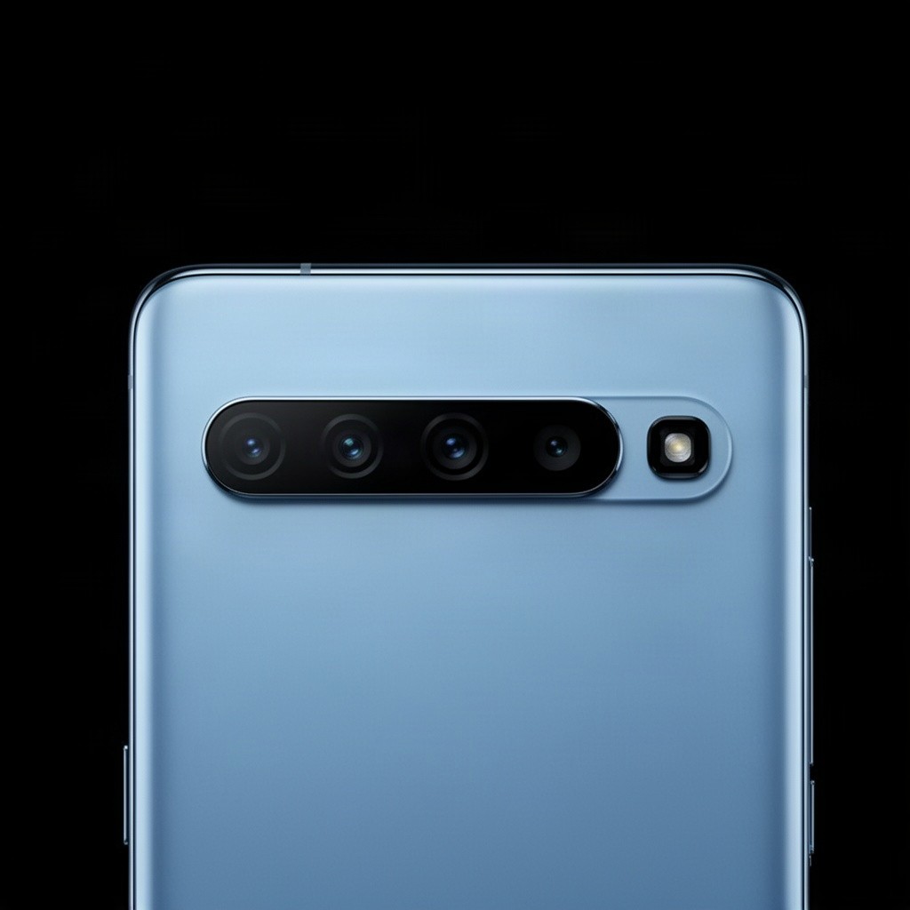 A smartphone with sharp edges, featuring a light-blue matte glass body