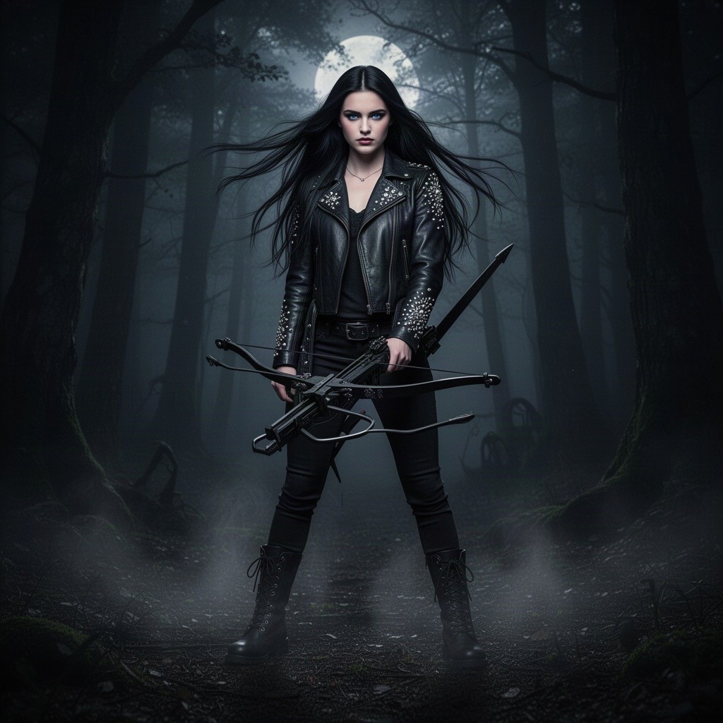 An 18-year-old vampire hunter standing confidently in a dark forest