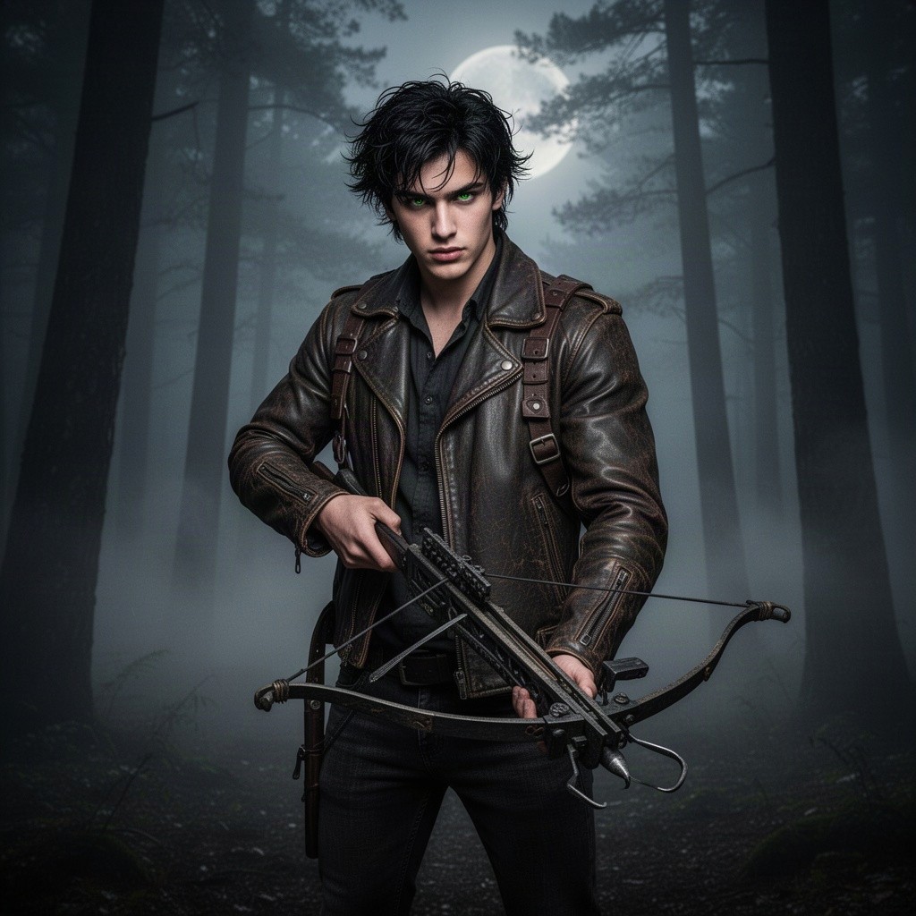 An 18-year-old male vampire hunter exuding confidence in a misty forest