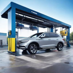 A sleek car pulling up to a gantry, with the automated lift gate of a car wash stationed six meters away.