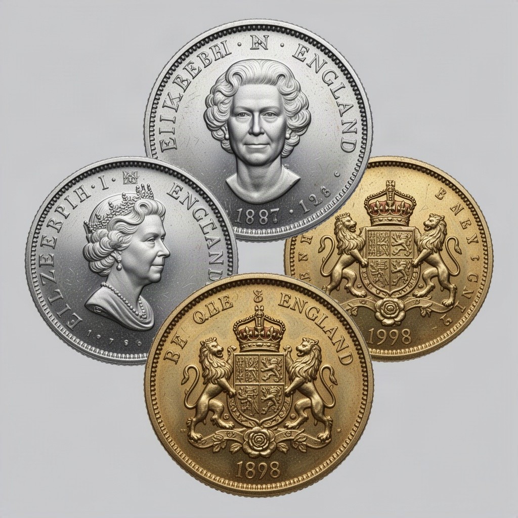 A detailed concept of a currency coin inspired by England, showcasing both the front and back sides in a clear, symmetrical display