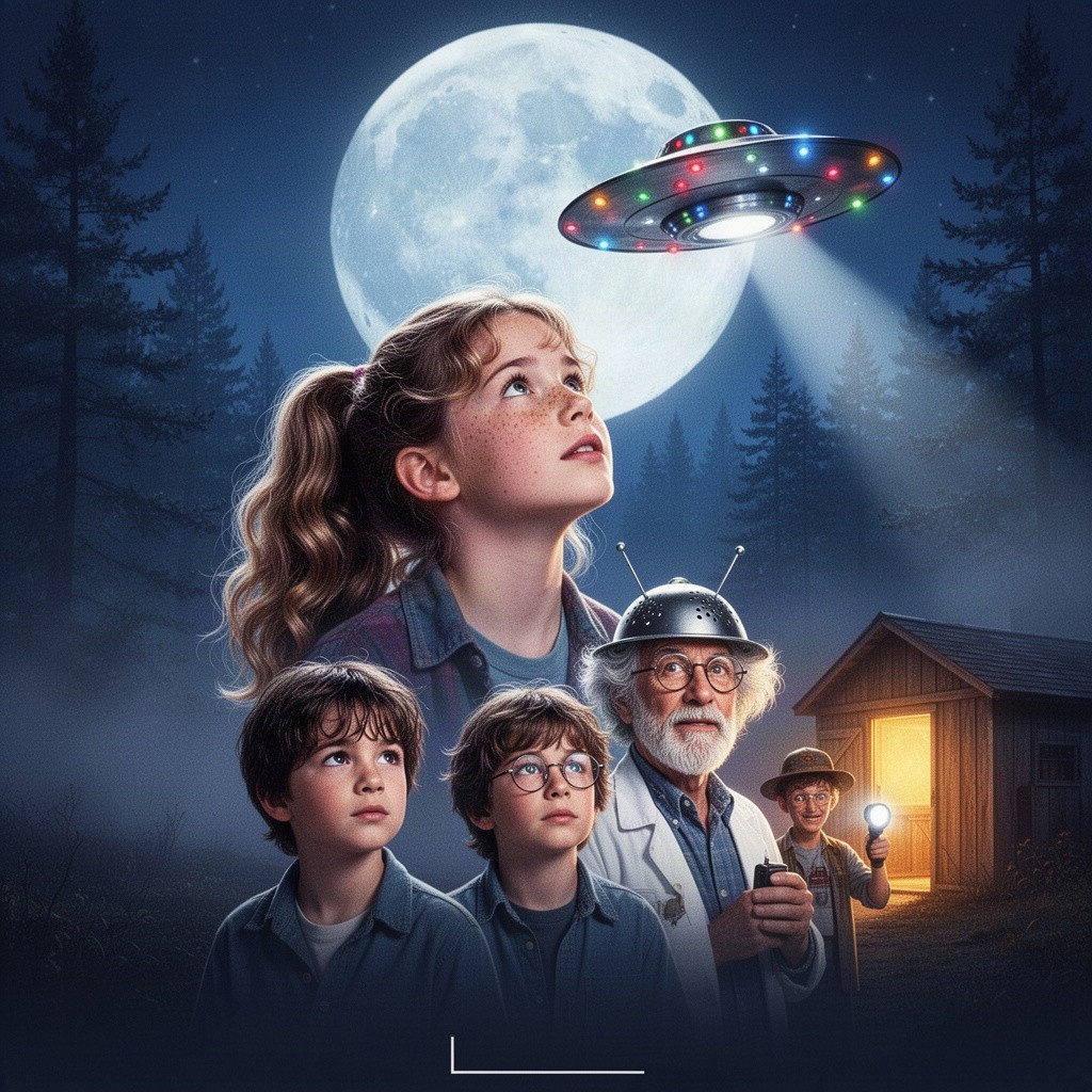 Cinematic 1980s Hollywood movie poster, photorealistic, vertical, featuring a brave 13-year-old girl with wavy light-brown hair styled in a high ponytail and freckles, looking up in wonder under cold moonlight