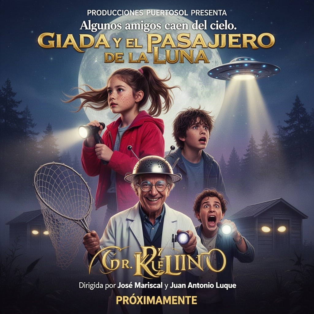 Epic movie poster featuring a photorealistic design in an 80s family adventure style for 'Giada y el Pasajero de la Luna'