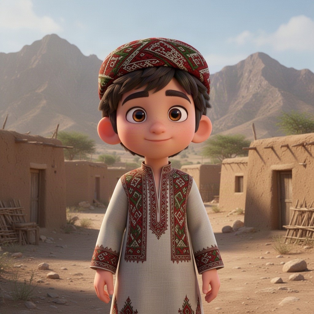 A beautiful 3D cartoon boy wearing traditional Balochi attire, standing in a village in Balochistan