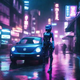 A scene featuring a beautiful young humanoid robot girl standing next to a dark indigo blue Volkswagen New Beetle on a rainy cyberpunk dystopian street at night. The scene is lit by a neon glow.