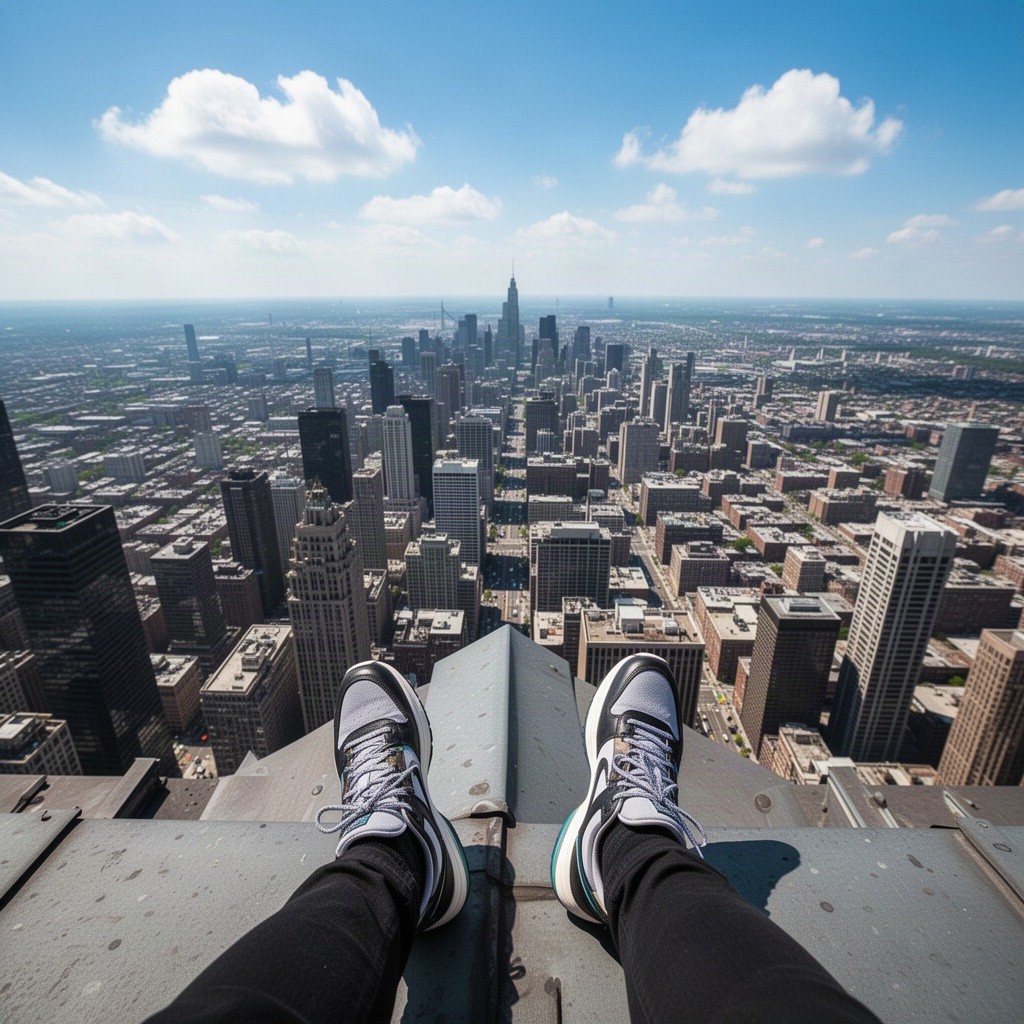 A pair of feet standing on the edge of a skyscraper rooftop, with the city sprawling below
