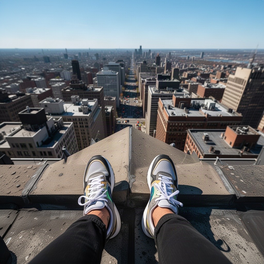 A pair of feet standing on the edge of a skyscraper rooftop, facing inward toward the center