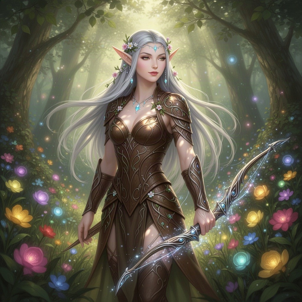 A beautiful elven warrior standing gracefully in an enchanting forest