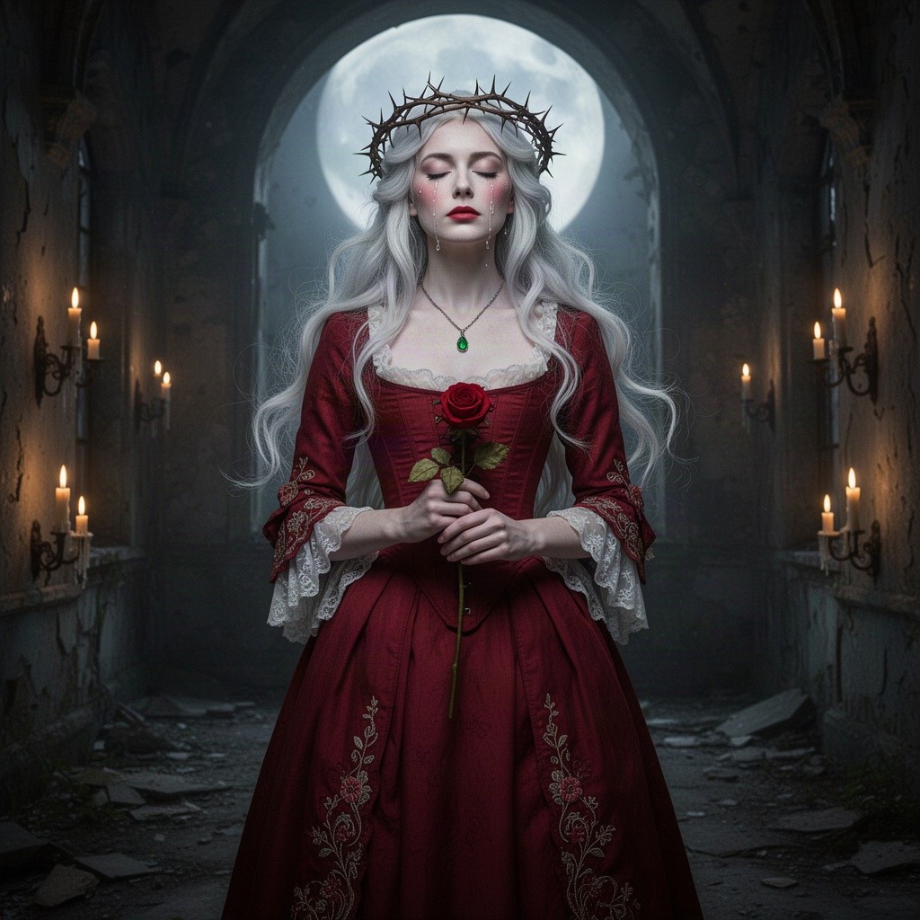 A woman with long, flowing white hair, her eyes closed and tears falling down her pale cheeks