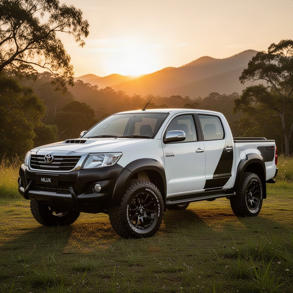 A 2013 Toyota Hilux in a striking white and black color scheme, parked against a beautiful natural landscape