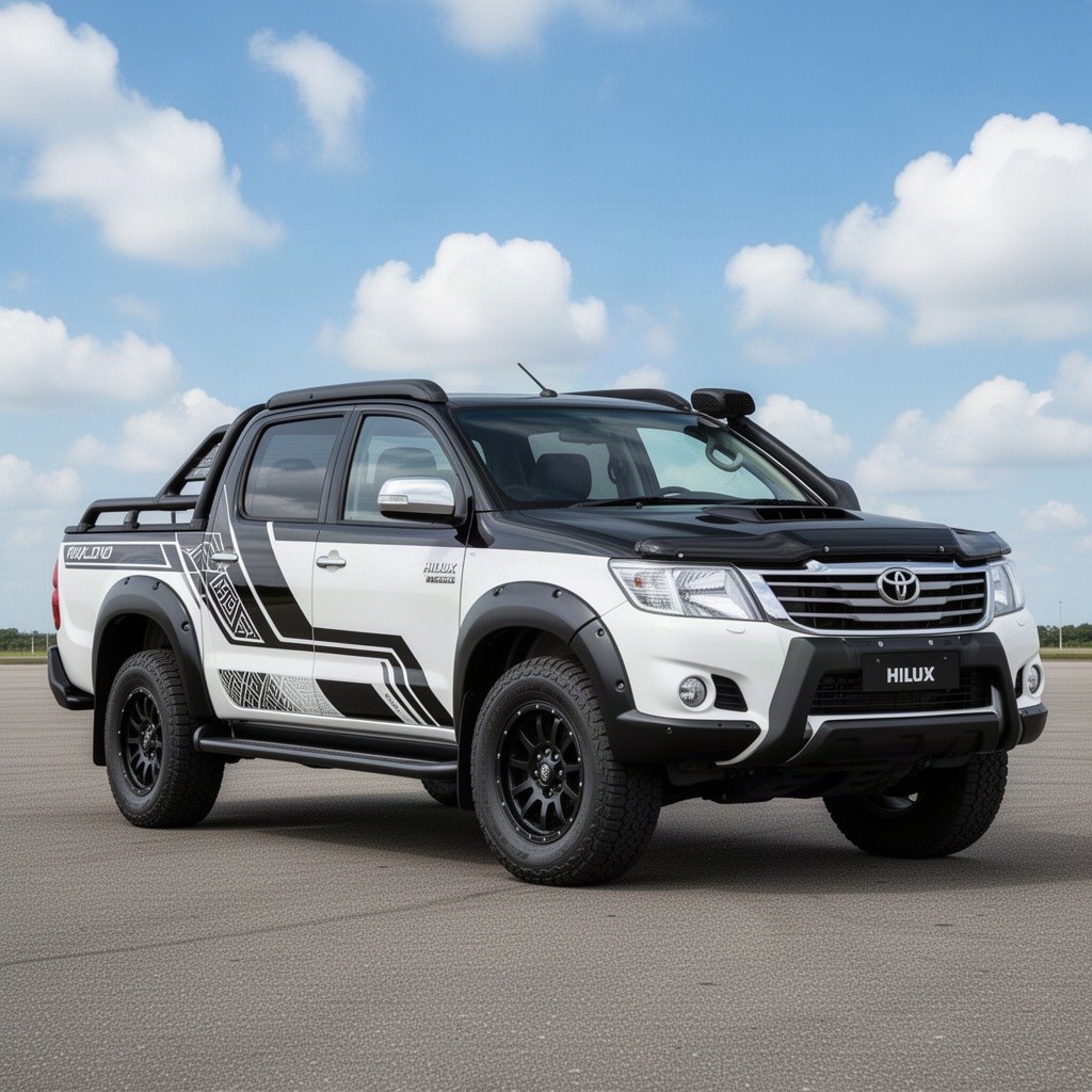 A 2013 Toyota Hilux designed with a striking black and white color scheme