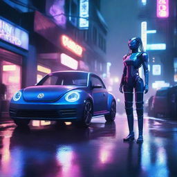 A scene featuring a beautiful young humanoid robot girl standing next to a dark indigo blue Volkswagen New Beetle on a rainy cyberpunk dystopian street at night. The scene is lit by a neon glow.