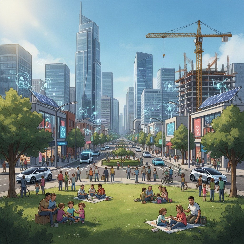 A vibrant city skyline showcasing economic development, with modern skyscrapers, bustling streets filled with diverse people engaged in various activities like shopping, working, and socializing