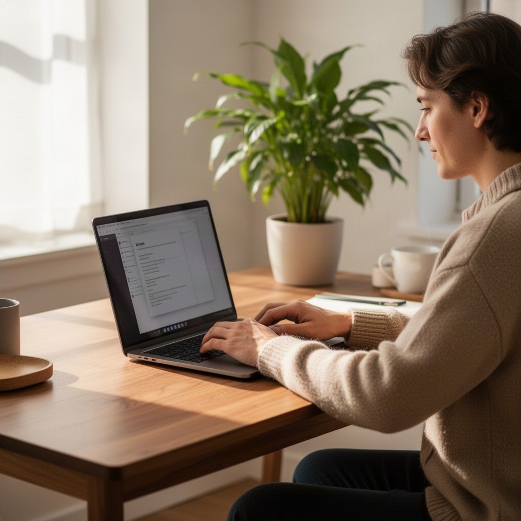 A cozy home office scene featuring a person sitting at a wooden desk, actively working on a laptop while typing and focusing intently on the screen