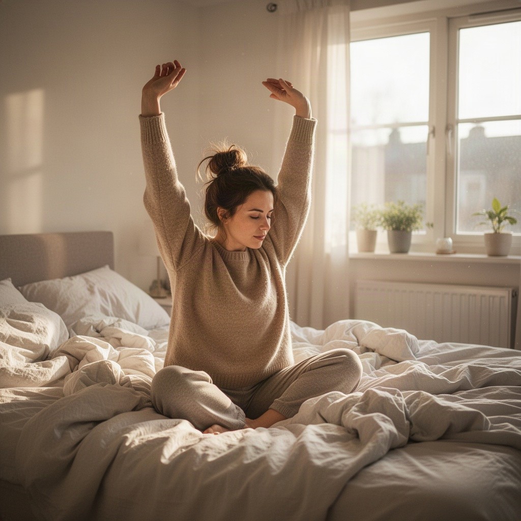 A highly detailed, realistic lifestyle photograph capturing a 25-year-old woman with brown hair styled in a messy bun, sitting on a messy bed with unmade sheets, wearing a cozy beige sweater and comfortable pants