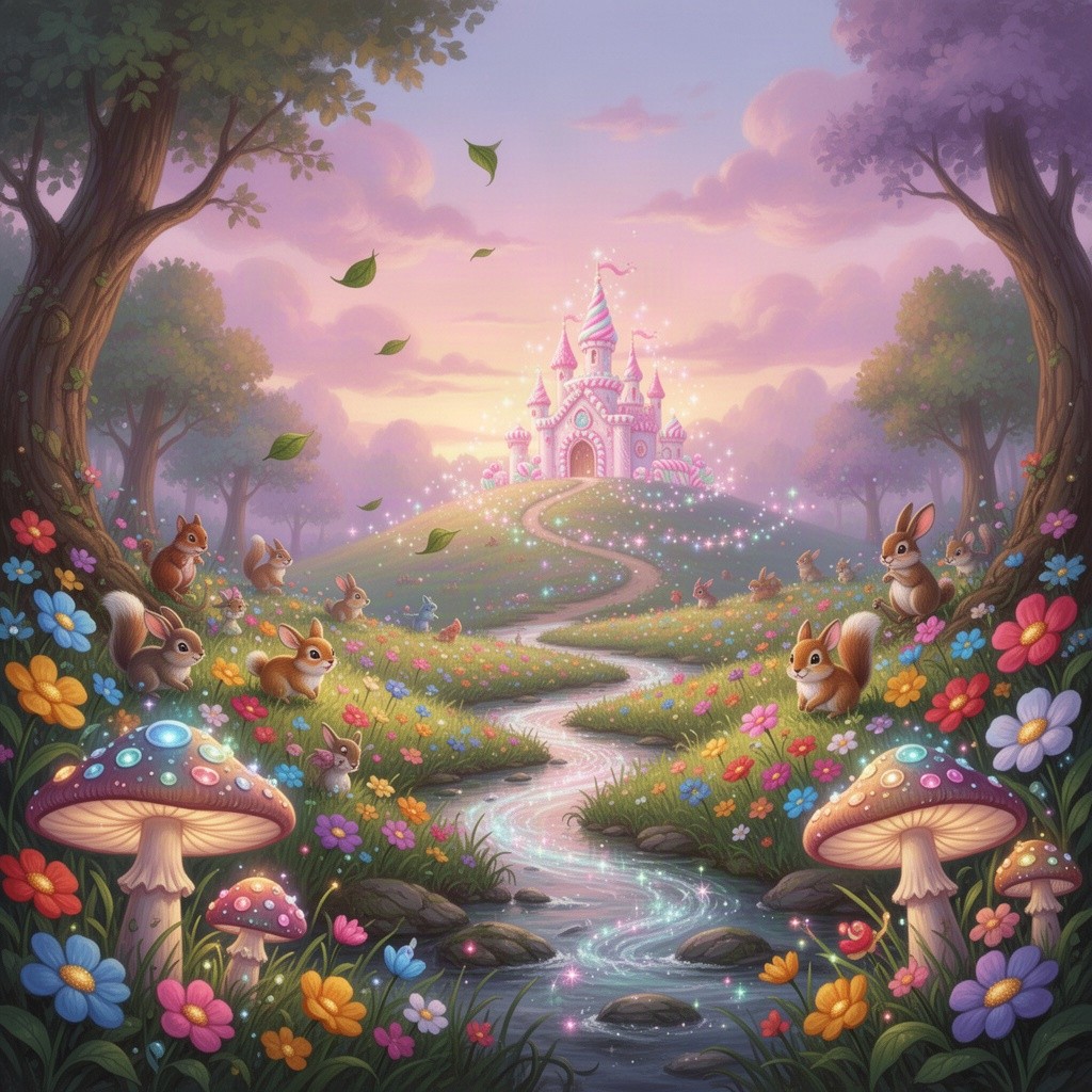 A whimsical fantasy landscape featuring a colorful, enchanted forest with vibrant flowers, playful woodland creatures, and a magical stream flowing through