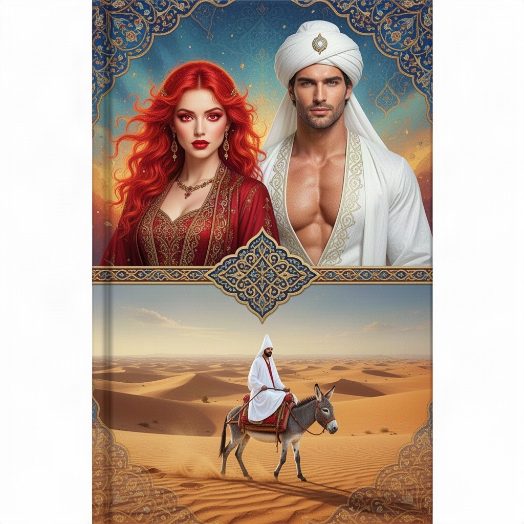 A visually captivating book cover featuring two thirds of the page occupied by a beautiful woman with fiery red hair and striking red eyes, dressed in an elegant Eastern costume, alongside a tall, handsome man with a sculpted physique, gray eyes, adorned in a white turban and traditional white Eastern attire