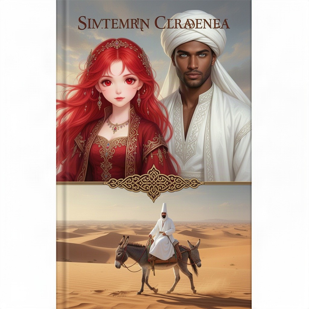 A stunning book cover featuring a beautiful girl with vibrant red hair and captivating red eyes dressed in an elaborate eastern costume on two-thirds of the page