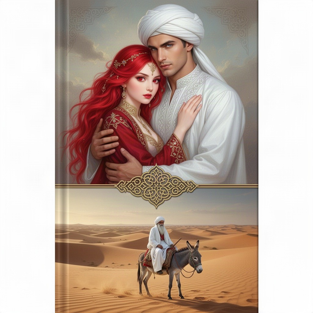 A captivating book cover featuring a stunning girl with vibrant red hair and striking red eyes, adorned in an elegant Eastern costume