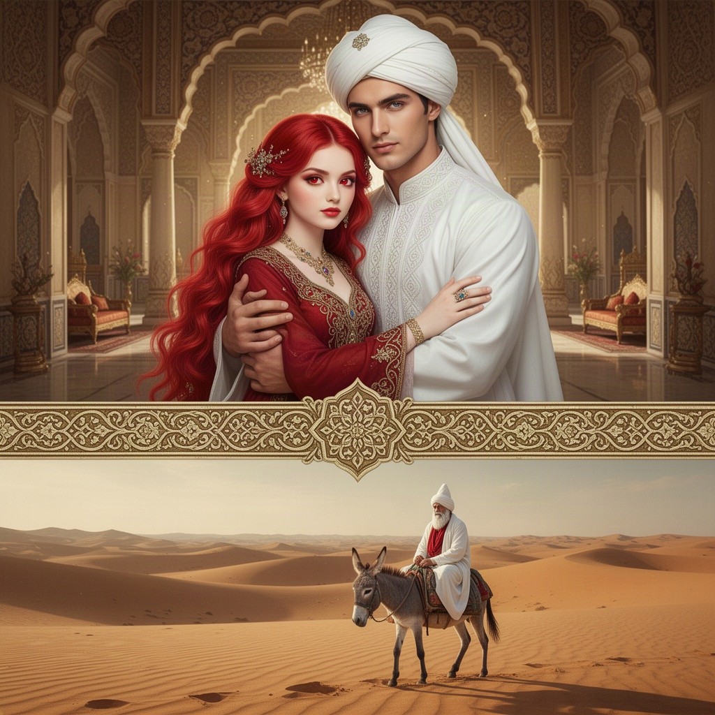 A stunning book cover featuring a beautiful girl with vibrant red hair and striking red eyes, elegantly dressed in an intricate Eastern costume