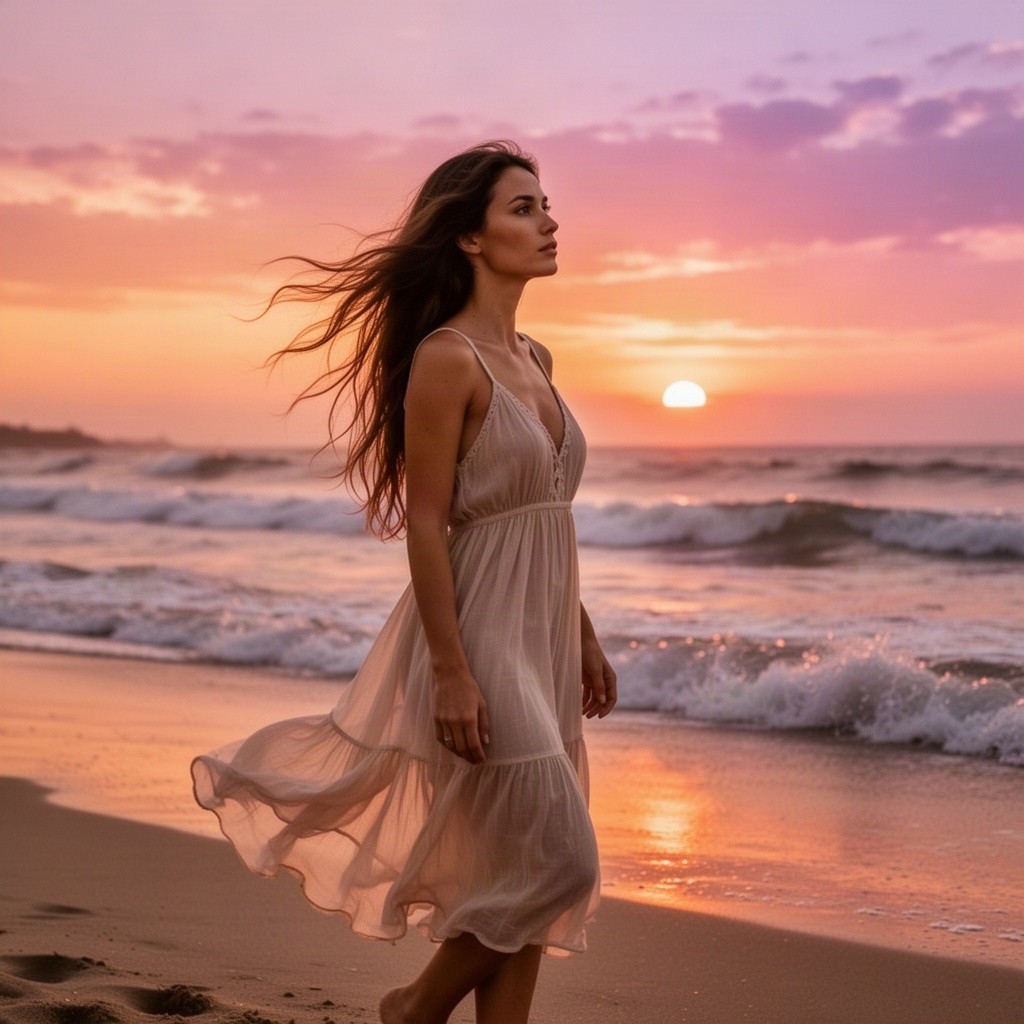 A beautiful woman standing on a beach at sunset, with long flowing hair and wearing a light, airy sundress that billows in the wind