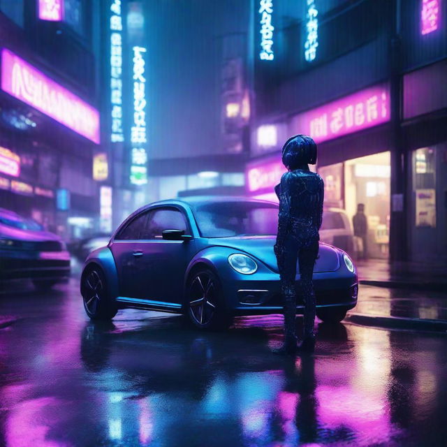 A scene featuring a beautiful young humanoid robot girl standing next to a dark indigo blue Volkswagen New Beetle on a rainy cyberpunk dystopian street at night. The scene is lit by a neon glow.