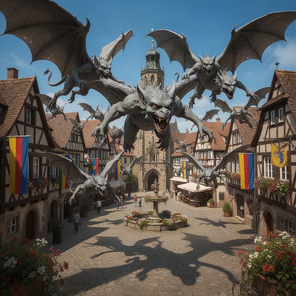 A swarm of living gargoyles with grey skin, sharp teeth and large wings soaring through a picturesque 1990s German town