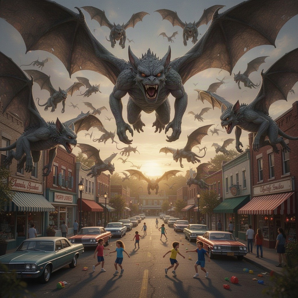 A swarm of living gargoyles with grey textured skin, large bat-like wings, and sharp teeth soaring over a nostalgic 1990s small town