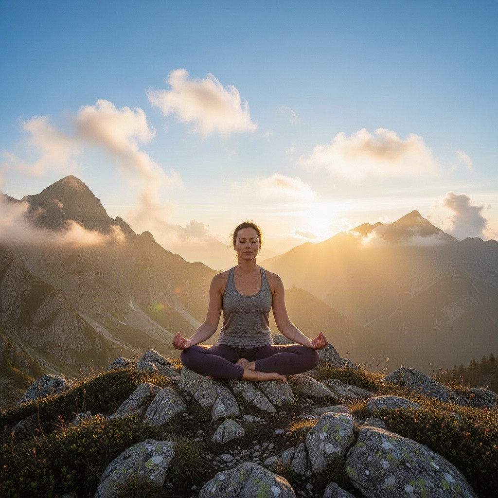 A serene and inspiring scene depicting a person meditating on a mountaintop at sunrise, surrounded by majestic mountains and a clear blue sky