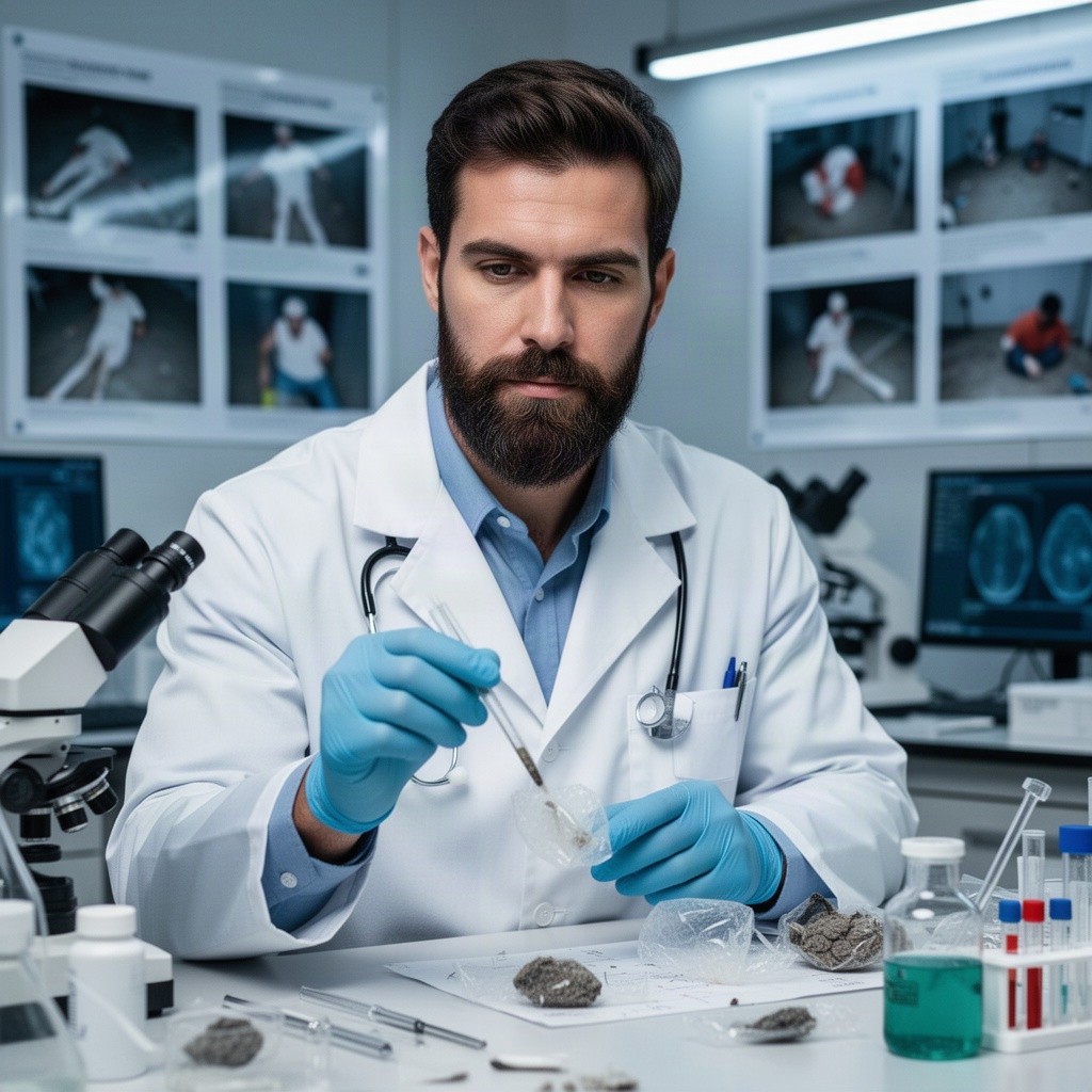 A 26-year-old forensic doctor with a mature, youthful appearance, showcasing a handsome face with a well-groomed beard