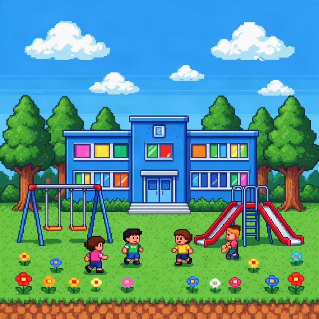An 8-bit retro video game style image depicting a vibrant school background