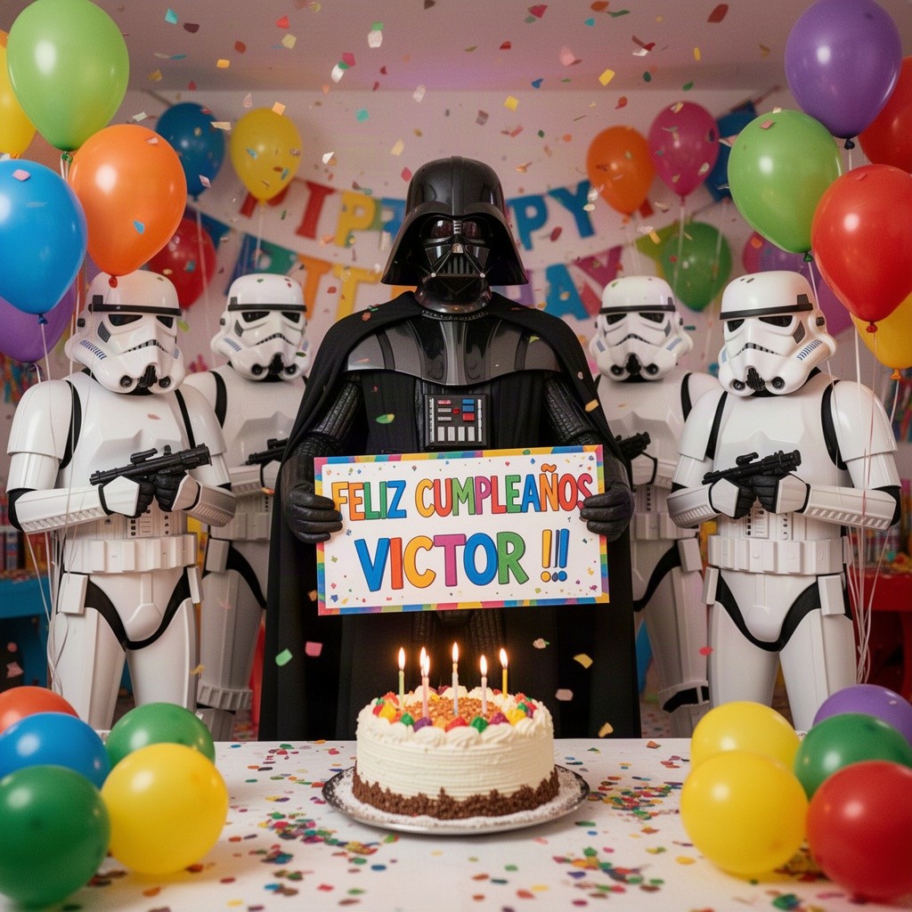 Darth Vader standing alongside four stormtroopers celebrating a birthday, holding a colorful sign that says 'FELIZ CUMPLEAÑOS VICTOR !!!'