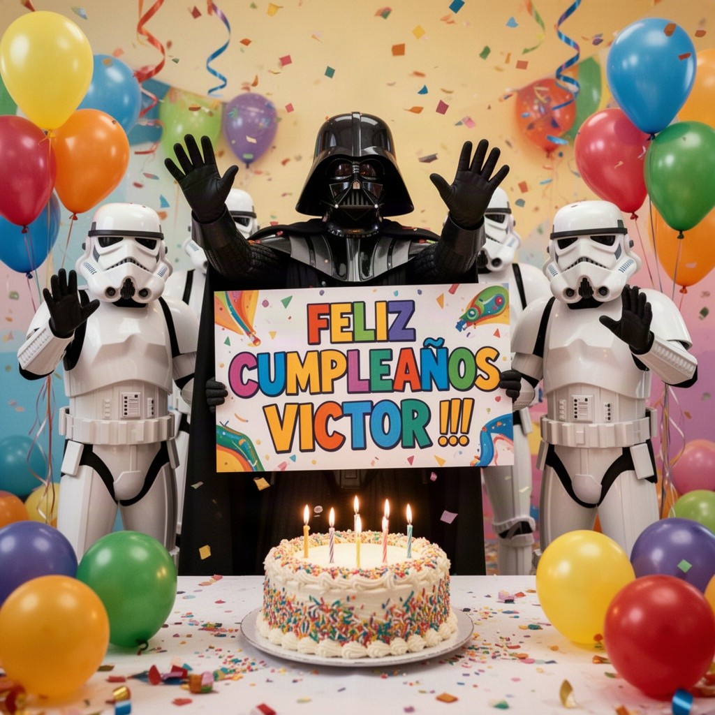 Darth Vader and four stormtroopers joyfully waving at the viewer while holding a large, colorful sign that says 'FELIZ CUMPLEAÑOS VICTOR !!!'