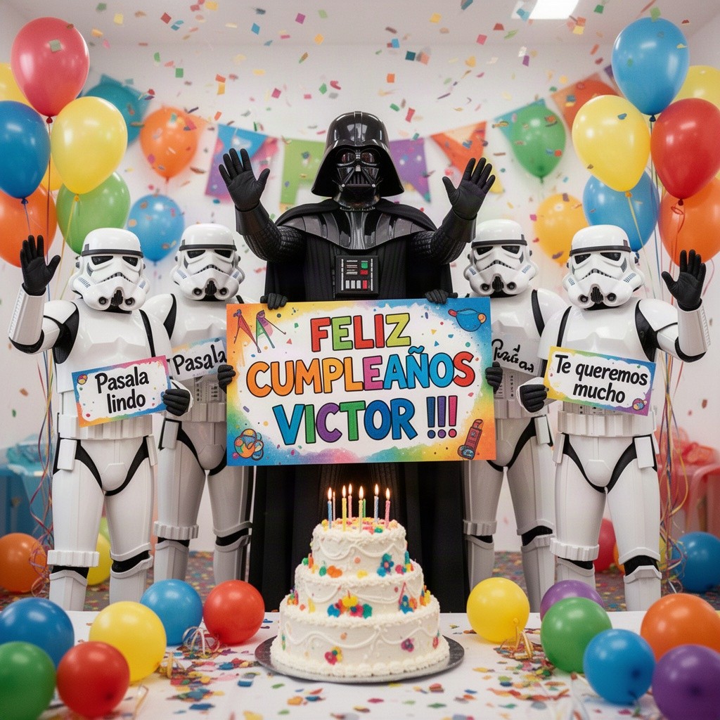 Darth Vader standing proudly alongside four stormtroopers, all cheerfully waving at the viewer