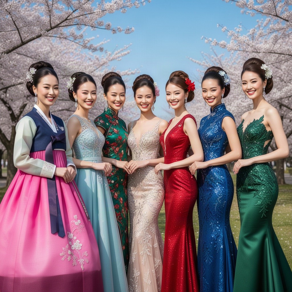 A stunning lineup of East Asian beauty queens posing together in a vibrant outdoor setting, showcasing their unique styles and cultural attire
