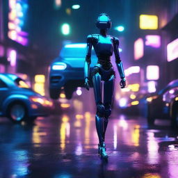 A scene featuring a beautiful young humanoid robot girl standing next to a dark indigo blue Volkswagen New Beetle on a rainy cyberpunk dystopian street at night. The scene is lit by a neon glow.