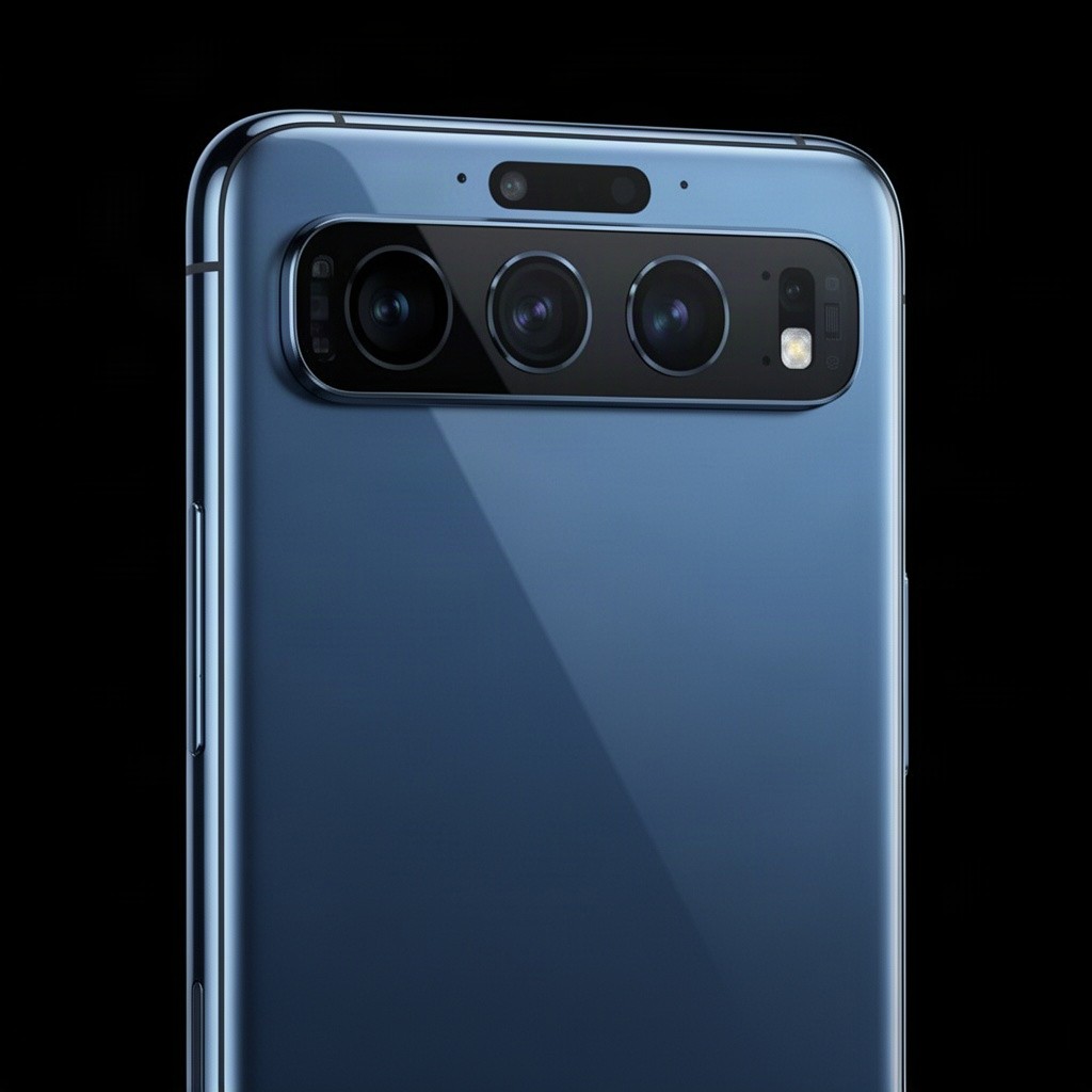 Concept iPhone 18 Pro Max, featuring a body made of blue titanium with sharp edges and a seamless display without notches, only a dynamic island at the center top