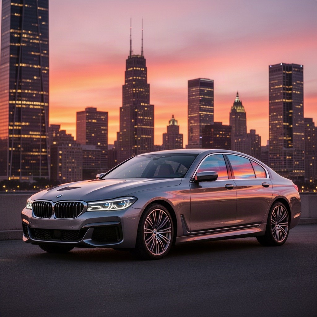 A sleek and modern BMW car parked against a stunning city skyline at sunset, showcasing its elegant curves and distinctive design