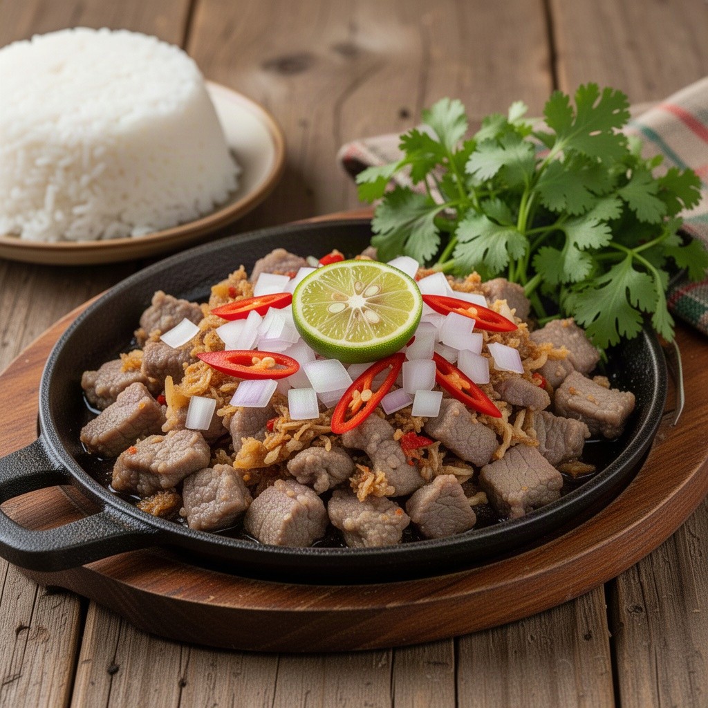 A beautifully arranged plate of Sisig, a traditional Filipino dish made from sizzling chopped pork, served on a hot cast-iron plate