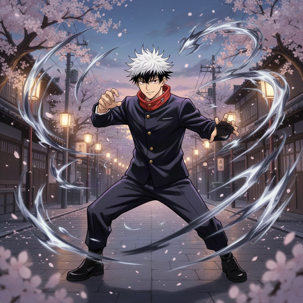 A stylized illustration of a character inspired by the aesthetics of Jujutsu Kaisen (JJK), with striking white and black hair, wearing a dark school uniform with a stylish collar