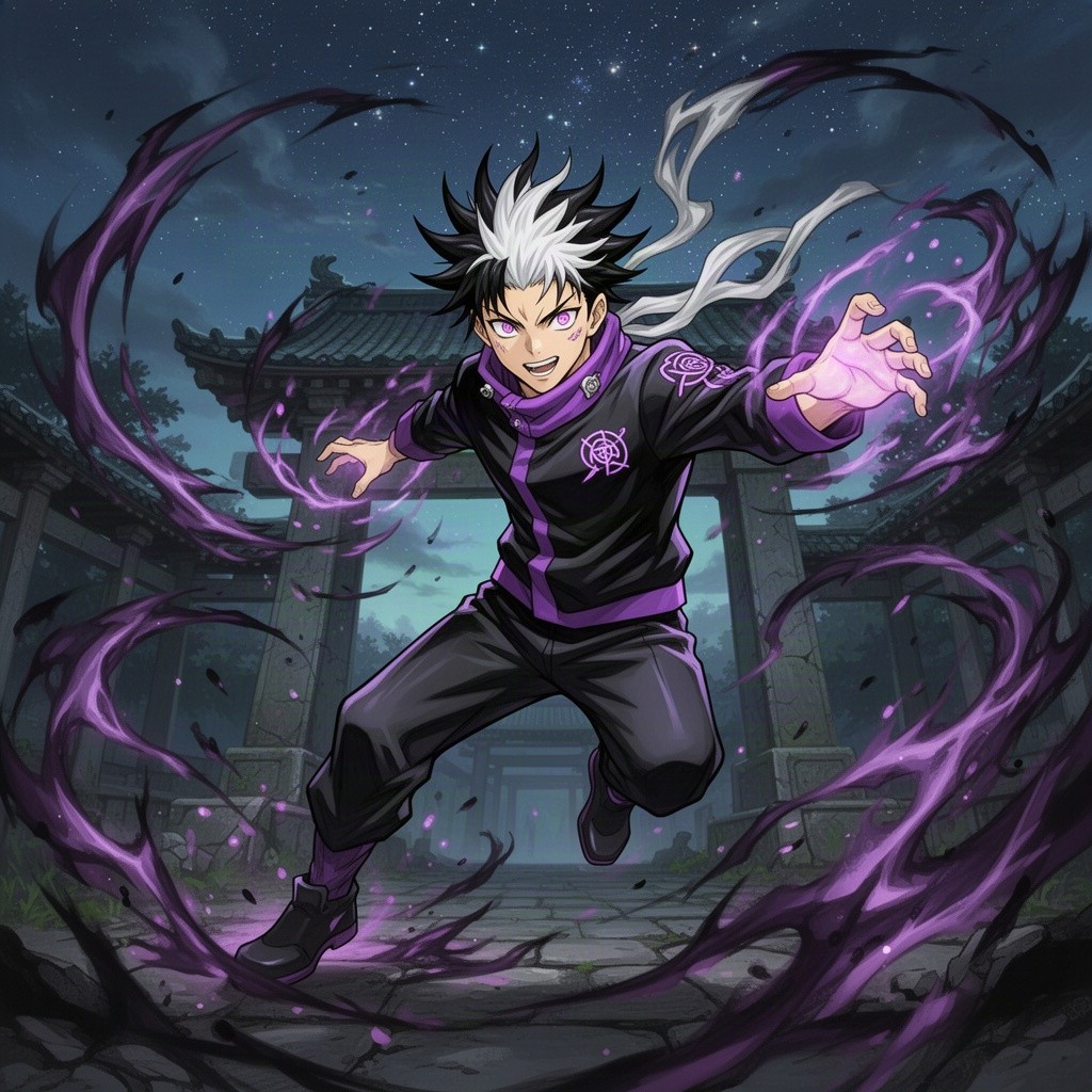 A dynamic and vibrant character design for a fictional Jujutsu Kaisen-inspired sorcerer