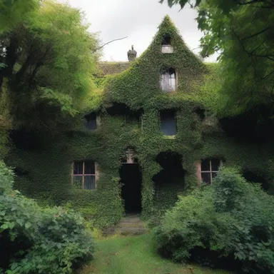The haunted house was concealed behind a thick, spinous hedge, creating an eerie and horror-filled atmosphere.