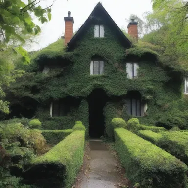 The haunted house was concealed behind a thick, spinous hedge, creating an eerie and horror-filled atmosphere.