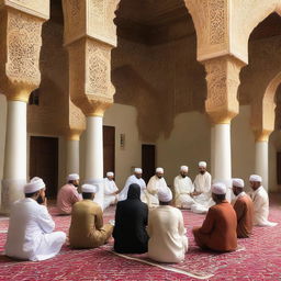 A group of Islamic missionaries engaged in peaceful dialogue and teaching in a vibrant community setting with culturally rich and diverse architecture.