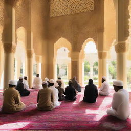 A group of Islamic missionaries engaged in peaceful dialogue and teaching in a vibrant community setting with culturally rich and diverse architecture.