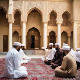 A group of Islamic missionaries engaged in peaceful dialogue and teaching in a vibrant community setting with culturally rich and diverse architecture.