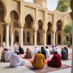 A group of Islamic missionaries engaged in peaceful dialogue and teaching in a vibrant community setting with culturally rich and diverse architecture.